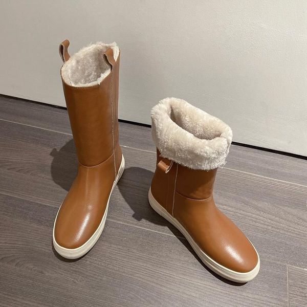 

handmade winter boots women platform warm plush snow boots new 2020 genuine leather round toe slip on mid-calf brown lady, Black