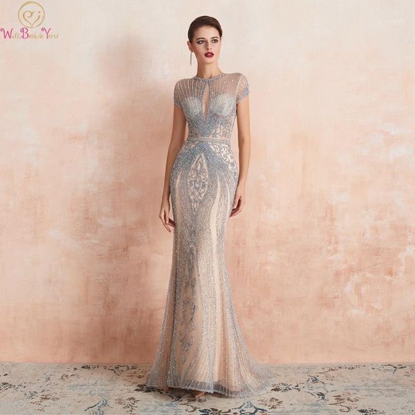 

champagne gray luxurious beading crystal mermaid evening dresses 2019 new navy blue o neck short sleeves formal party long gowns1, White;black
