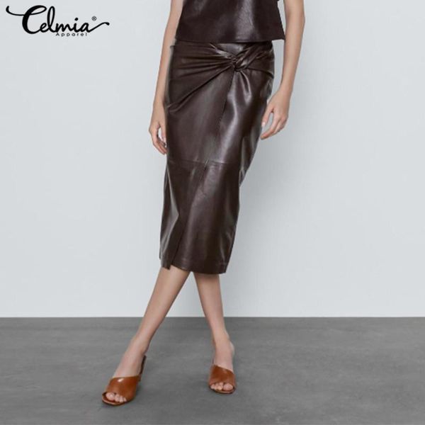 

fashion skirt women pu leather midi high waist bodycon split skirt casual knotted office zipper plus size, Black