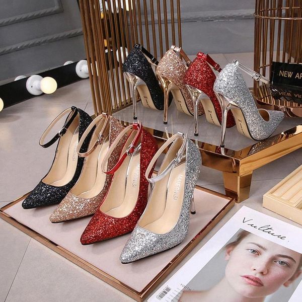 

2020 new stiletto spring women pumps sequined cloth thin high heels 13cm pointed toe bling bridal wedding women party shoes #pu3k, Black