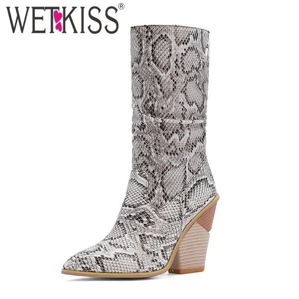 

wetkiss wedges short boots women snakeskin pointed toe chunky heel boot autumn winter shoes woman pleated booties big size, Black