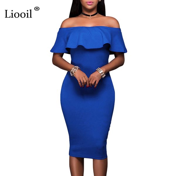 

liooil 2021 summer royal blue off the shoulder midi bodycon dress ruffles strapless african women celebrity party dresses y0118, Black;gray