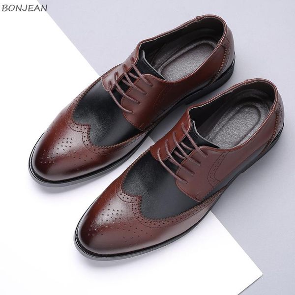 

men luxury dress shoes men brogue wedding lace up leather formal party oxfords pointed toe mixed color genuine leather man shoes, Black