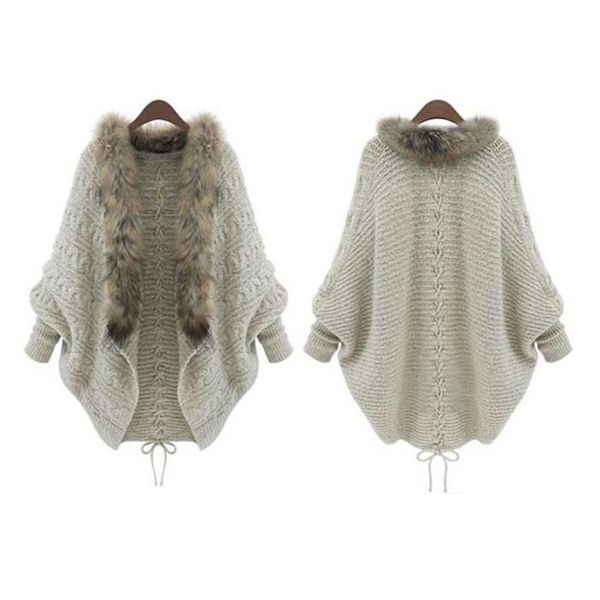 

women's knits & tees women loose fur collar sweater batwing sleeve knit cardigan coat, White