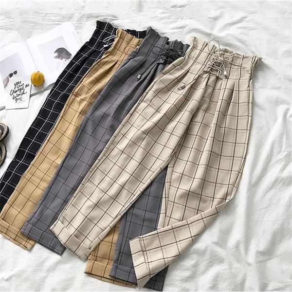 

new spring summer casual lace up ankle-length pants women's plaid loose harem nine pants 201031, Black;white