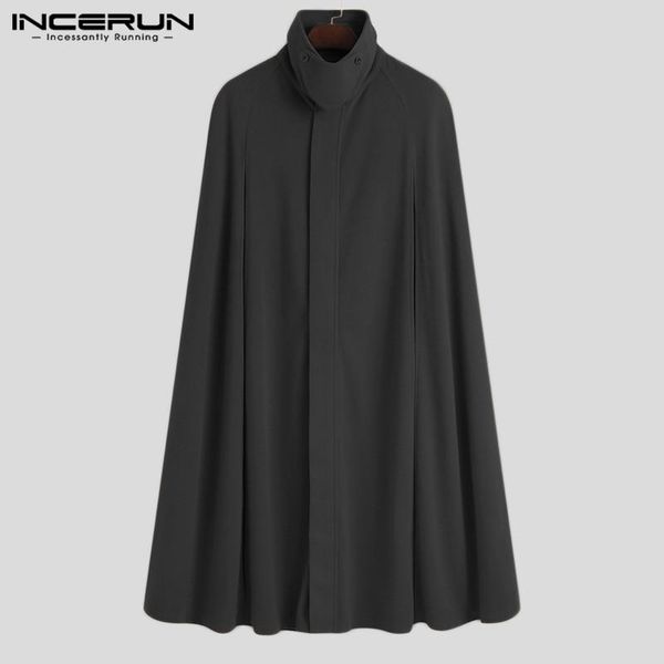 

incerun fashion men cloak coats streetwear loose solid color stand collar split mens trench cape chic long style poncho s-5xl, Tan;black