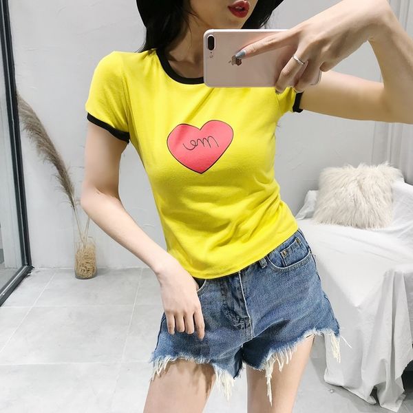 Colorblock Kalp T-shirt Kadın Yaz Yeni Kore Tarzı Gevşek Ulzzang Yabani Kısa Kollu T Gömlek O-Boyun Mektubu Tops 288 T200616