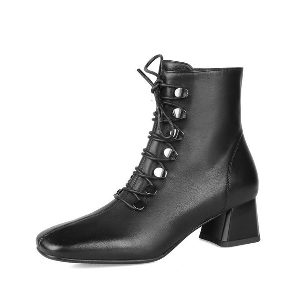 

new 2021 winter metal handmade for women genuine leather ankle boots wedding dress shoes woman dcyj, Black