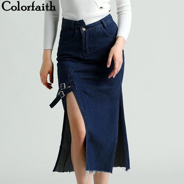 

skirts colorfaith 2021 fashionable women midi denim skirt autumn winter split buttons pockets a-line fashion casual sk3927, Black