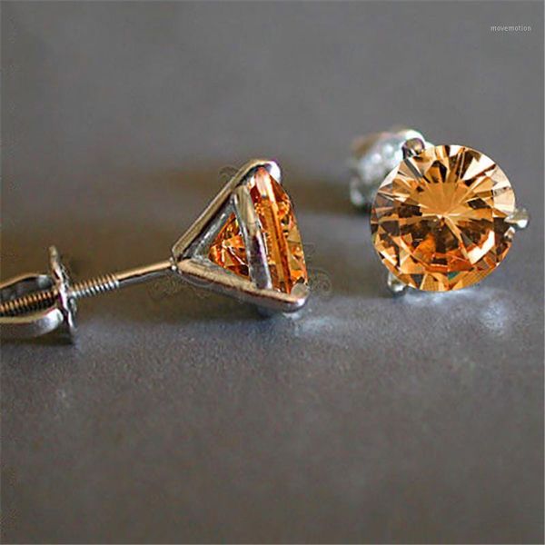 

luxury female 6/7/8mm champagne round stone earrings real 925 sterling silver earrings for women small screw stud1, Golden;silver