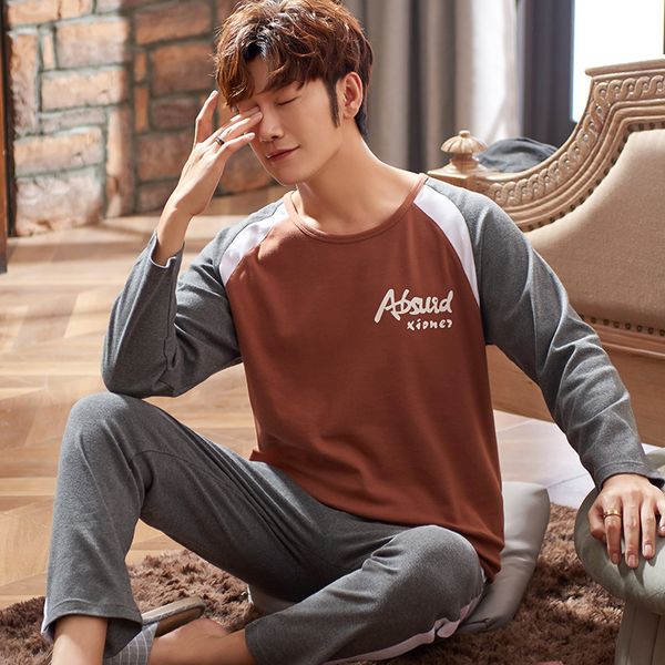 

letter printing homesuit homeclothes pajamas for man sleepwear pajama men fashion style crew neck long pants long sleeve pj set lj201113, Black;brown