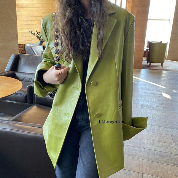 

korean pu leather jacket women 2020 spring autumn new loose fit lapel single-breasted long sleeve solid color leather coat z4171, Black