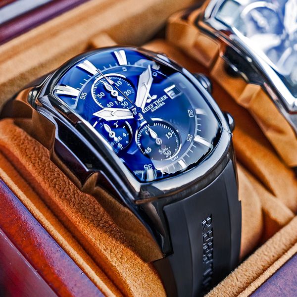

reef tiger/rt big sport watches with date rubber strap steel blue dial mens watch chronograph waterproof watches rga3069-tq0108, Slivery;brown