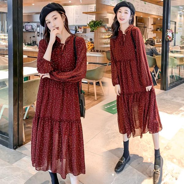 

6682# maternity dress spring autumn chiffon floral long sleeve loose stylish dress for pregnant women mom, White