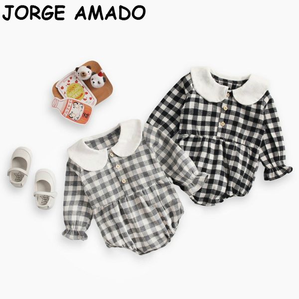 

2020 autumn new baby bodysuit long sleeve plaid peter pan collar thick baby romper new born baby clothes 0-3y e8160, Blue