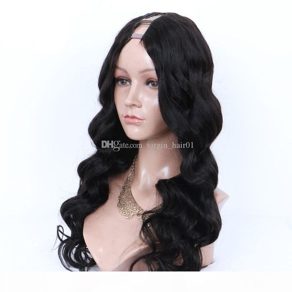 

body wave u part human hair wig 100% brazilian virgin hair natural color middle openning 1*3 inches size wig middle part for women, Black;brown