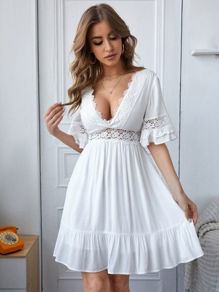 

plunging neck lace trim a-line dress p47p#, Black;gray