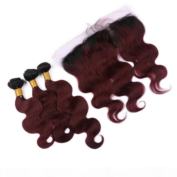 

peruvian wine red ombre human hair weaves with lace frontal body wave 1b 99j burgundy ombre 13x4 full lace frontal with 3bundles, Black;brown