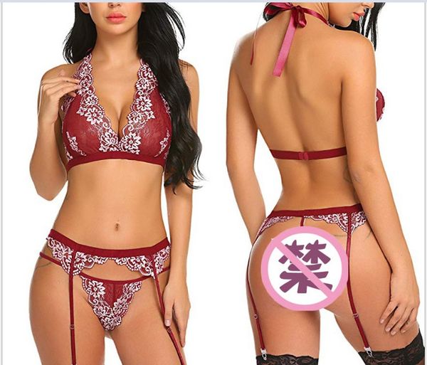 

lingerie wholesale ladies appeal lingerie temptation two-color lace three-piece factory direct sale, Red;black
