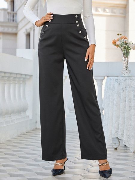 

high waist fake button wide leg pants g8xg#, Black;white