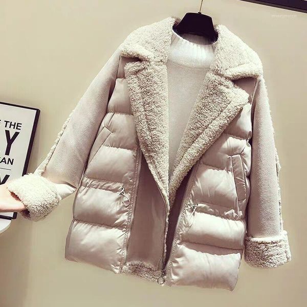

mumuzi 2019 winter new lapel fashion jacket female cotton clothing lamb hair parkas for women long warm fleece cott1, Tan;black