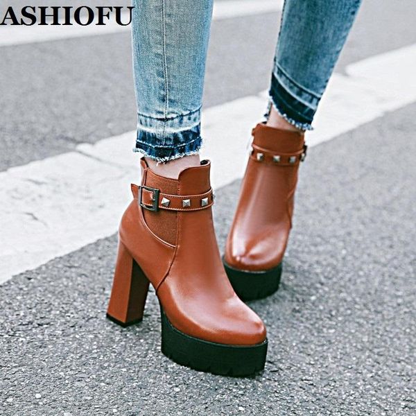 

ashiofu new 2020 style handmade women's thick heel boots rivets spikes platform ankle booties evening club winter fashion boots, Black