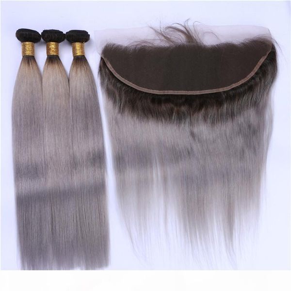 

silver grey ombre ear to ear 13x4 lace frontal closure with weaves 3 bundles 1b grey ombre brazilian hair with frontal silky straight, Black