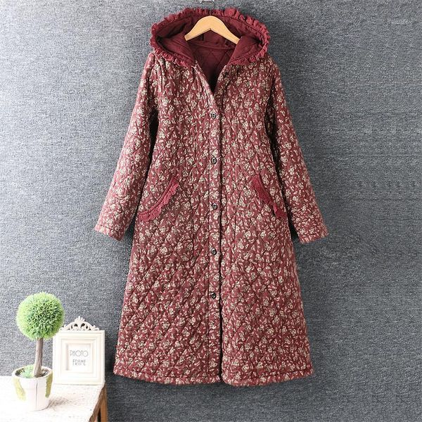 

2020 winter dress fresh hooded flower cotton linen loose dress double pockets single breasted1, Black;gray