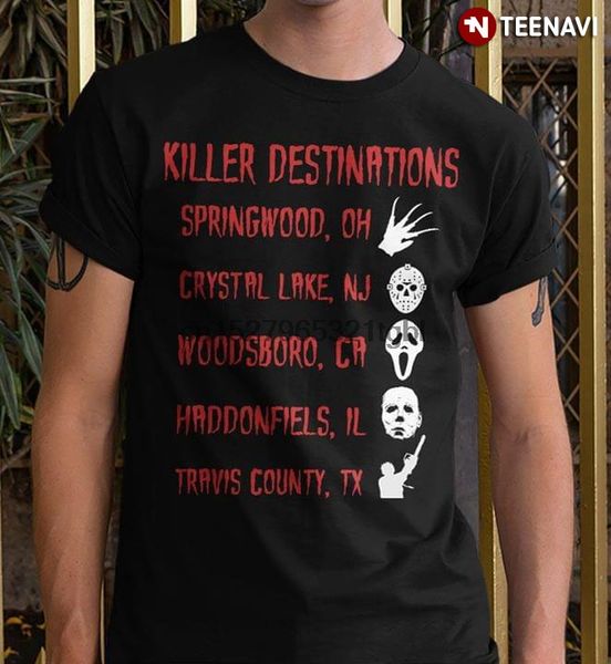

halloween horror killer destinations springwood crystal lake woodsboro haddanfiels travis county t-shirt sport hooded sweatshirt hoodie