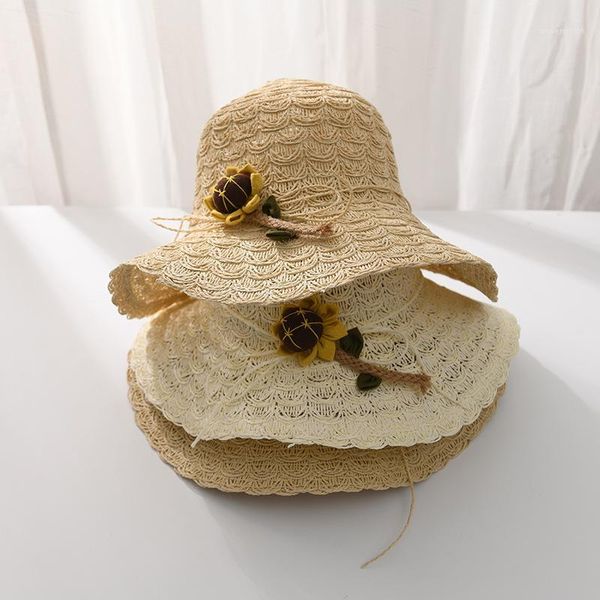 

new style flower straw hat female summer folding big brim sun hat1, Blue;gray