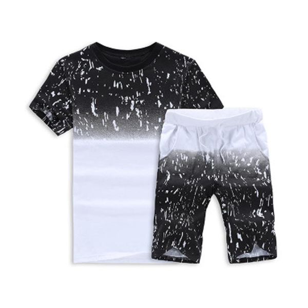 

men summer beach fashion casual short sleeve gradient ink print tracksuit sportswear t-shirts tee shorts pants sets, Gray