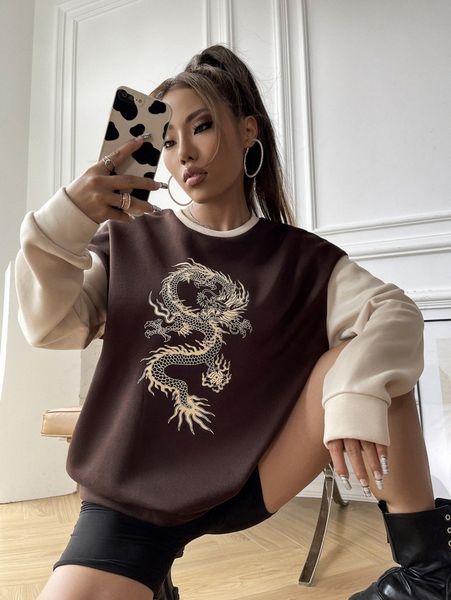 

dragon print colorblock sweatshirt d2gl#, White;black