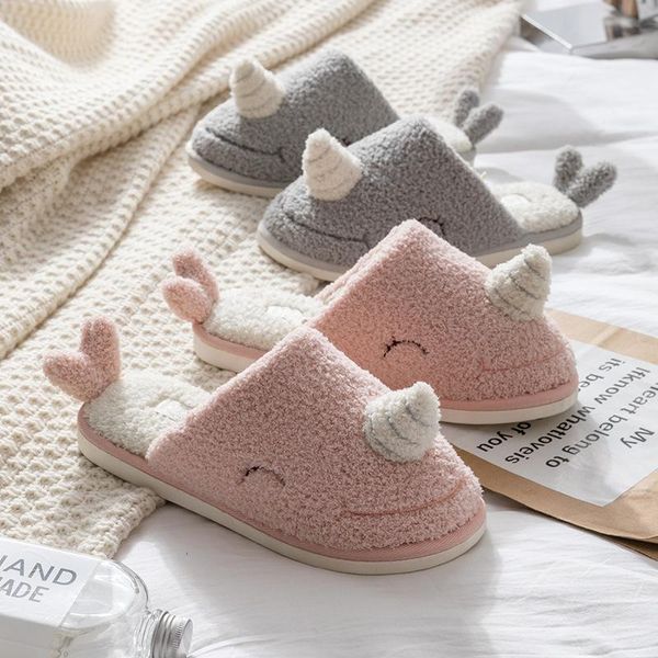 

winter house women fur slippers cute narwhal whale cartoon bedroom warm plush couples shoes indoor girls furry slipers, Black