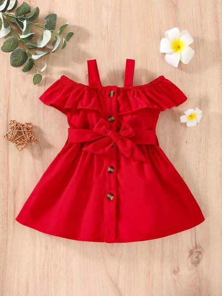 

baby cold shoulder ruffle trim belted dress she02, Red;yellow