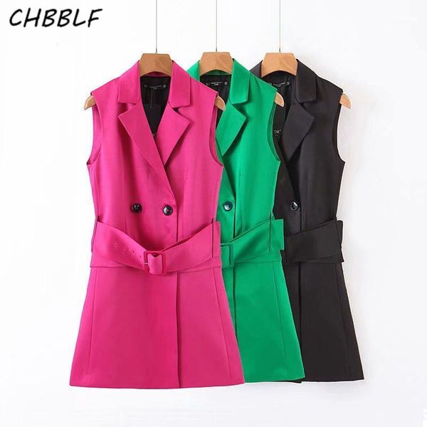 

chbblf women elegant long vest double breast waist sashes solid coat sleeveless office wear outwear xdb92571, Black;white