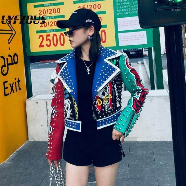 

women rivets faux leather coat punk style cool rock short pu leather jackets streetwear coats and jackets woman1, Black;brown