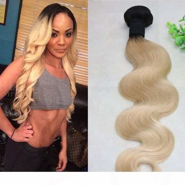 

ombre 1b 613 bleached blonde hair bundles double drown body wave blonde hair weaves brazilian human hair wefts dart root two tone, Black