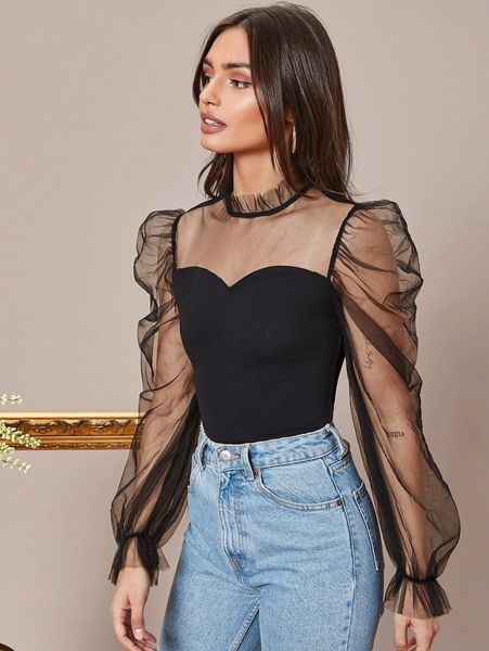 

frill neck sheer mesh puff sleeve p7xs#, White