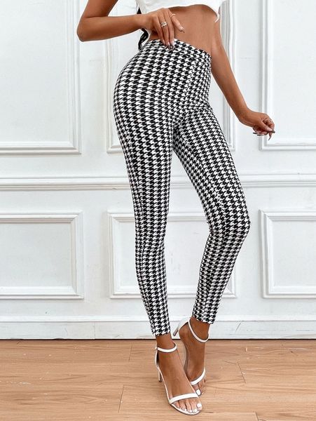 

tall houndstooth print high waist skinny pants f92c#, Black;white