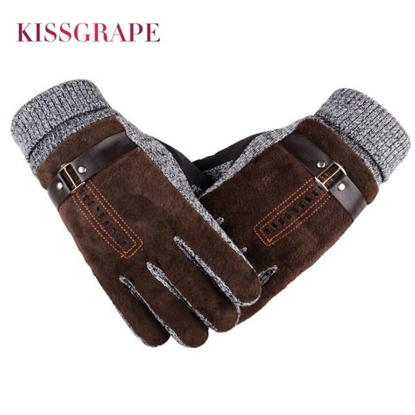 

winter men' warm gloves genuine suede pig leather gloves mittens male thick bike motorcycle gloves men knitted guantes y200110, Blue;gray