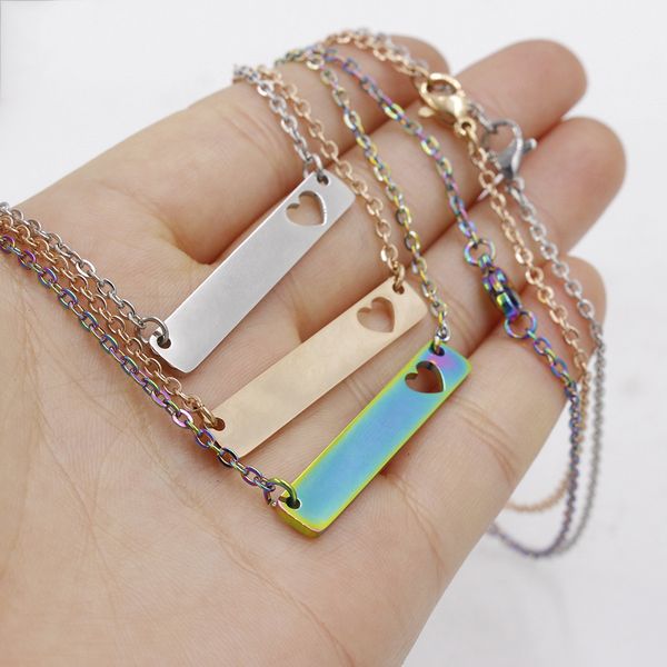

love heart bar necklace new fashion gold solid blank bar pendant necklace stainless steel necklaces for buyer own engraving jewelry diy, Red;brown