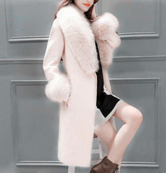 

women's fur & faux woolen coat mid-length autumn and winter clothing waist is thinner fashion big collar, Black