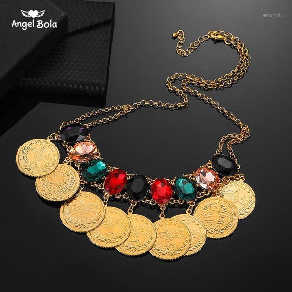 

dubai coin colorful crystal necklaces for women arab coin luxury wedding gift islam middle east muslim necklace jewelry1, Golden;silver