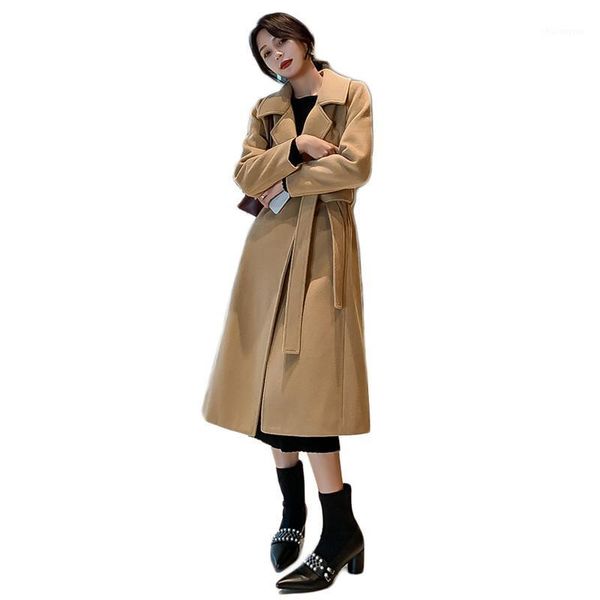 

woolen coat women camel beige long fashion loose 2020 winter new hepburn style elegant blends jackets with belt feminina ld15131, Black