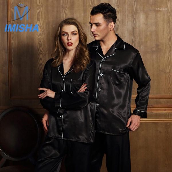 

women's sleepwear wholesale- 2021 spring lover's man's woman's comfortable soft silk open shirt women's homewear pa, Black;red