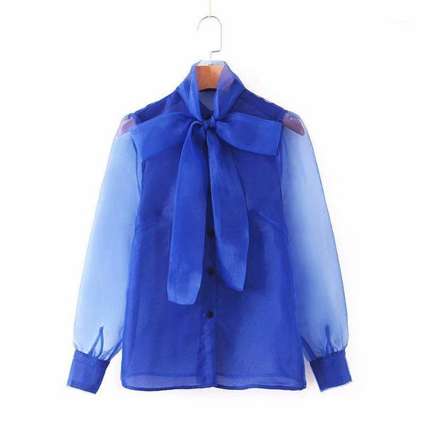 

women patchwork blouse bow tie collar transparent sleeve shirt blusas1, White