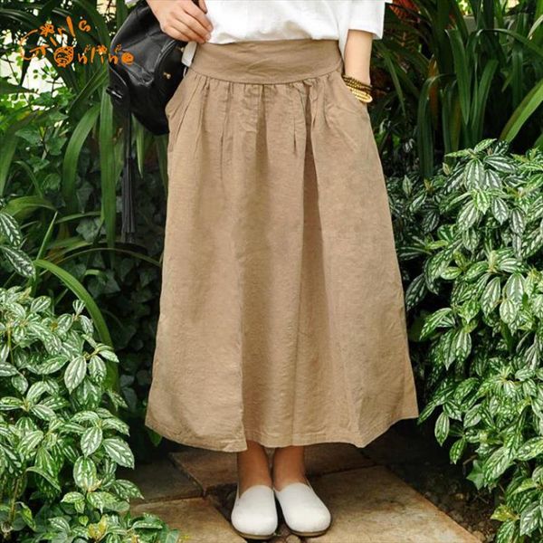 

2020 spring summer england style girls vintage skirt elastic waist linen original pleated long skirt new art women long skirts, Black