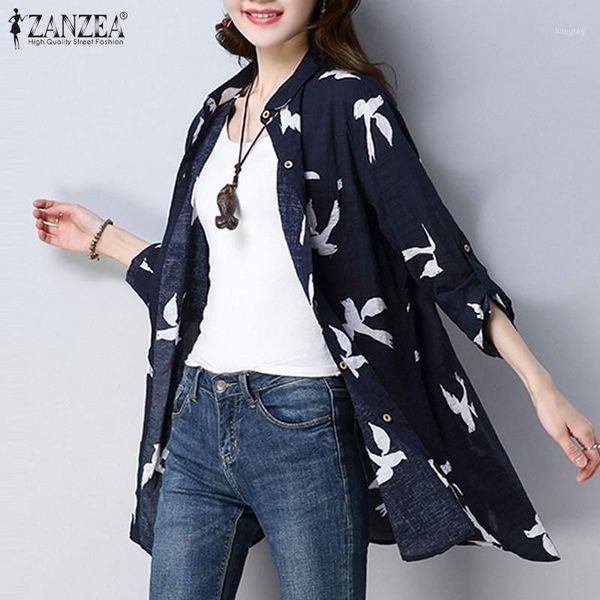 

zanzea women summer lapel neck printed shirt bohemian long sleeve buttons down blouse vintage tunic casual blusas chemise1, White
