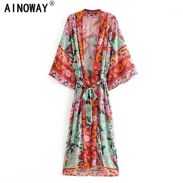 

boho women peacock print bat sleeve beach bohemian kimono robe ladies v neck tassel summer happie dress vestidos1, Black;gray