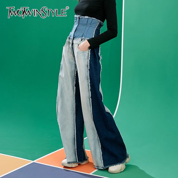 

twotwinstyle casual denim patchwork women trousers high waist hit color long wide leg pants for female fashion spring 2020 tide lj201130, Black;white